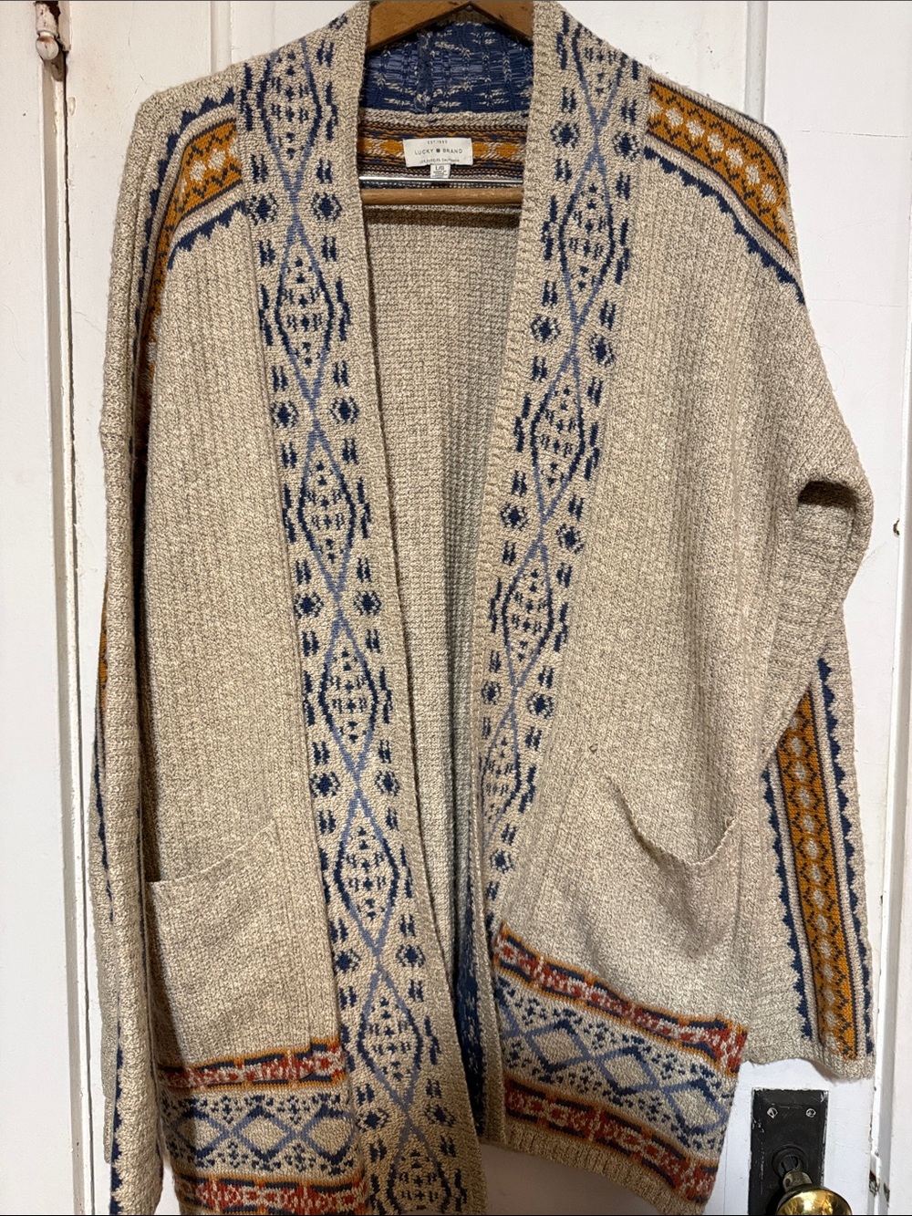 Lucky Brand Cream Open Fair Isle Cardigan with Blue and Mustard Accents